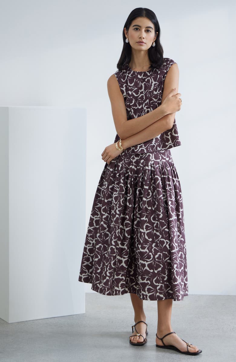 Nordstrom Floral Gathered Neck Poplin Sleeveless Top, Alternate, color, Brown Floating Ginko