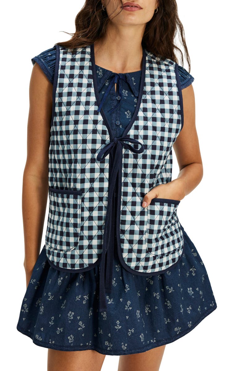 Free People Claudine Quilted Vest, Main, color, Navy Gingham