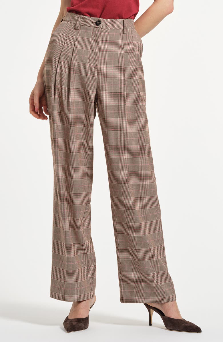 Isaac Mizrahi New York Pleated High Waist Plaid Striaght Leg Pants, Main, color, Taupe Plaid