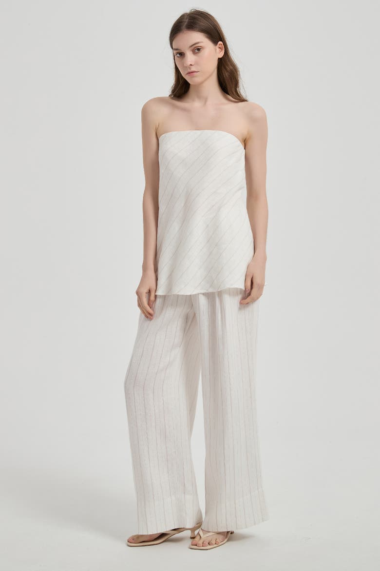 Rhea Strapless Bias Linen Top, Alternate, color, White Stripe