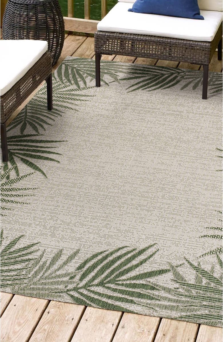 JONATHAN Y Isla Coastal Cottage Palm Frond Border Indoor/Outdoor Area Rug, Alternate, color, Green/Cream