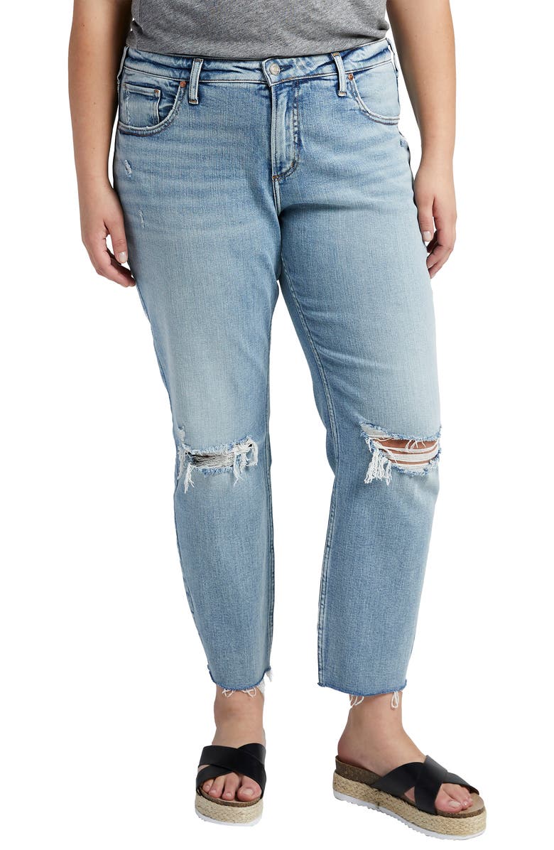 Silver Jeans Co. Beau High Waist Raw Hem Girlfriend Jeans, Main, color, Indigo