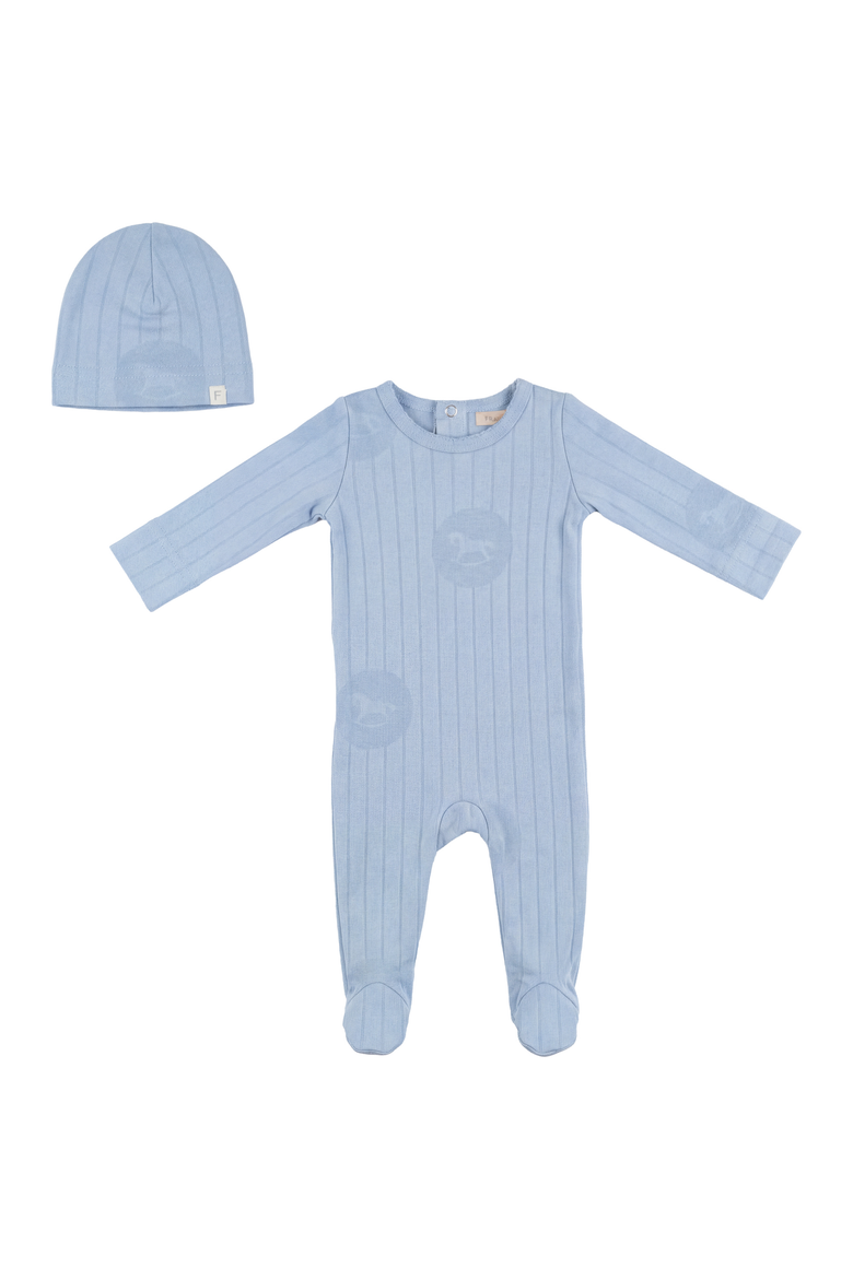 Romper 1x1 Rib Striped Horse Print with Matching Hat, Main, color, Ice Blue