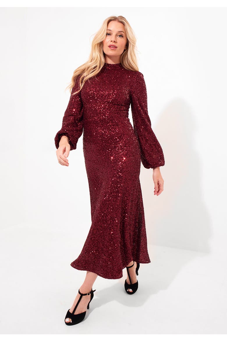 A Line Sequin Midi Dress, Alternate, color, RICH BURGUNDY