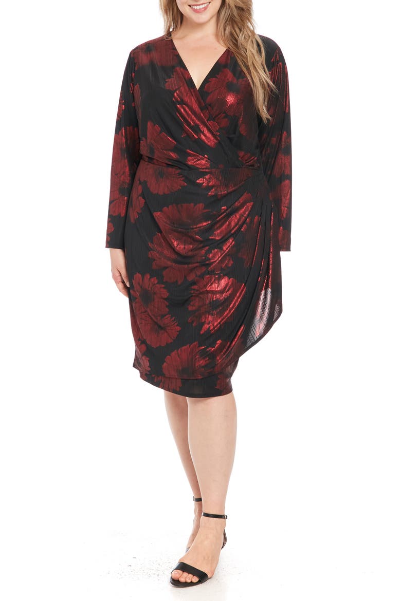 Floral Long Sleeve Faux Wrap Dress, Main, color, BLACK/ RED