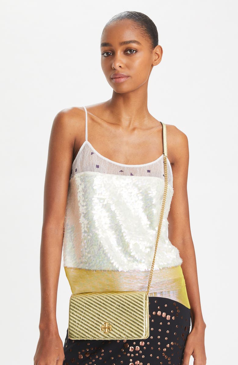 Tory Burch Kira Quilted Metallic Leather Wallet on a Chain, Alternate, color, Gold