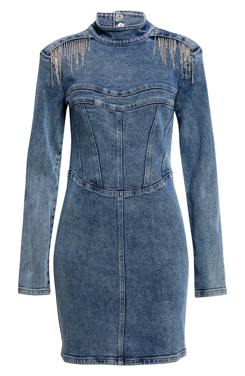 GESTUZ Crystal Fringe Long Sleeve Denim Minidress, Alternate, color, 