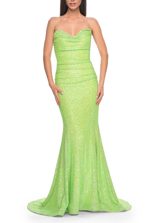 La Femme Strapless Draped Neckline Prom Dress In Neon Green In Green