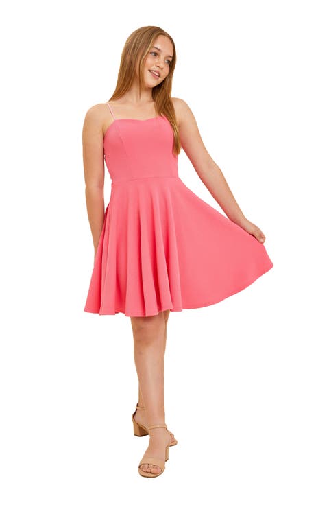 Print Textured Fit and Flare Stretch Dress in Longer Length