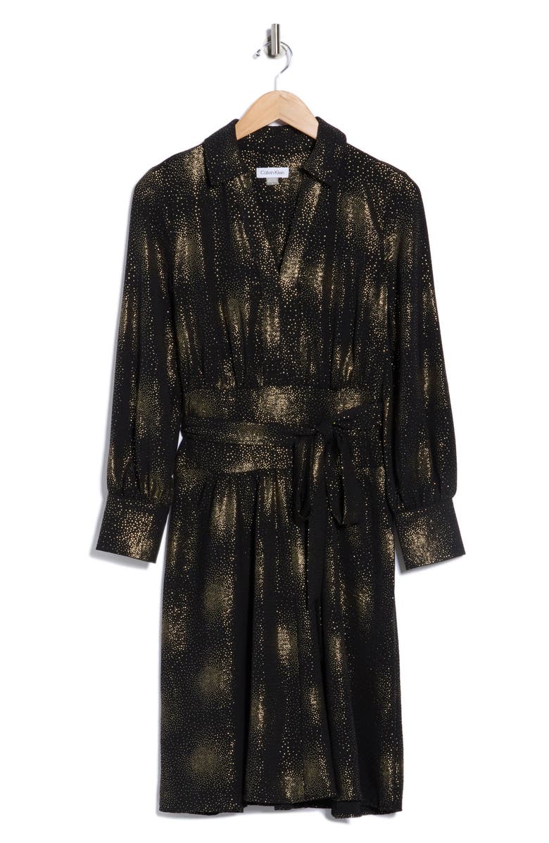 Calvin Klein Long Sleeve Foil Dot Chiffon Dress, Alternate, color, Black/ Gold
