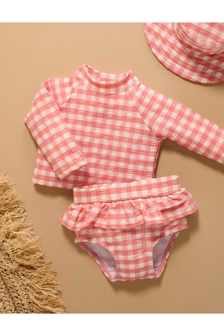 Printed Longsleeve Rashie Swim Set, Alternate, color, Pomegranate Gingham