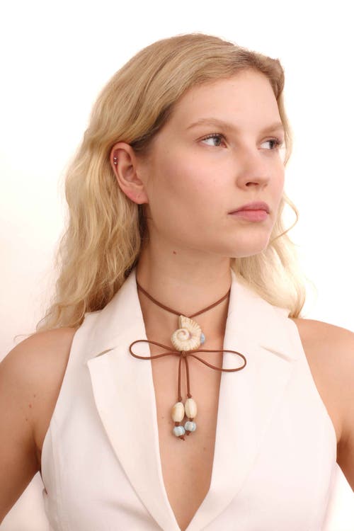 Velvet Luna Suede Necklace With Ceramic Seashell Tie Charm In Gold
