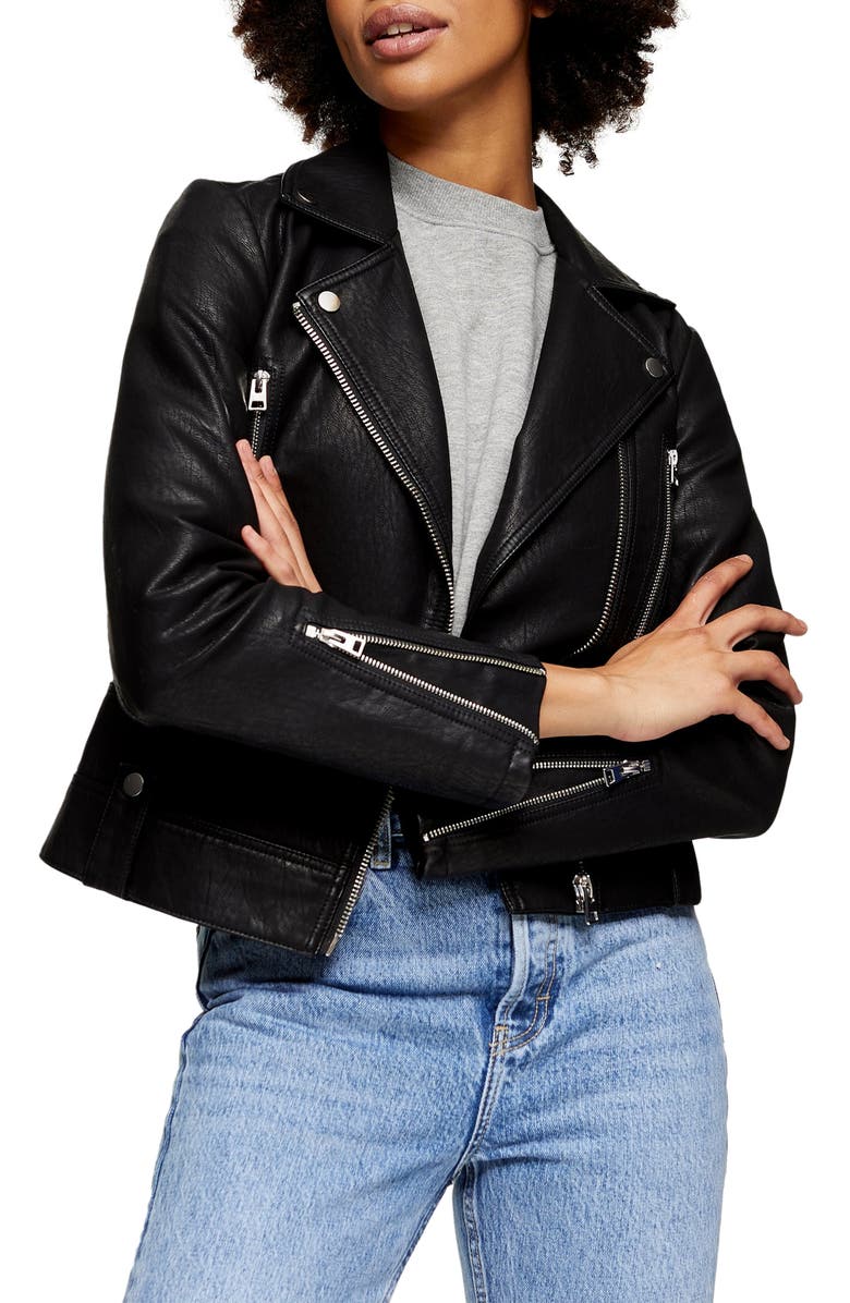 Topshop Fred Faux Leather Biker Jacket, Main, color,