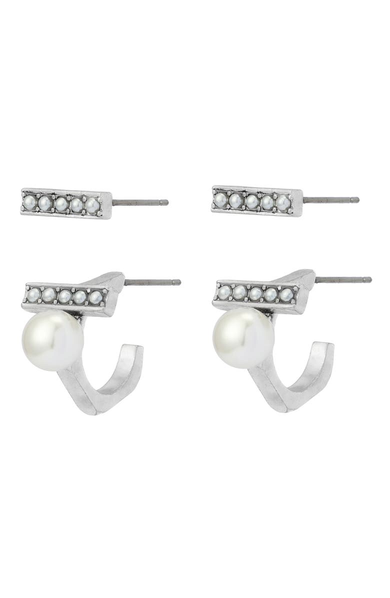 AllSaints Imitation Pearl Bar Earrings, Main, color, Pearl/ Warm Silver