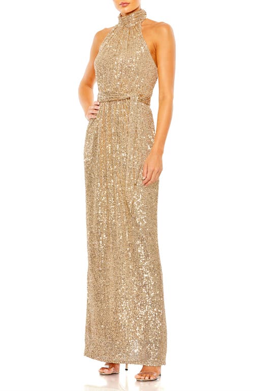 Mac Duggal Sequined Halter Neck Belted Soft Tie Dress In Champagne