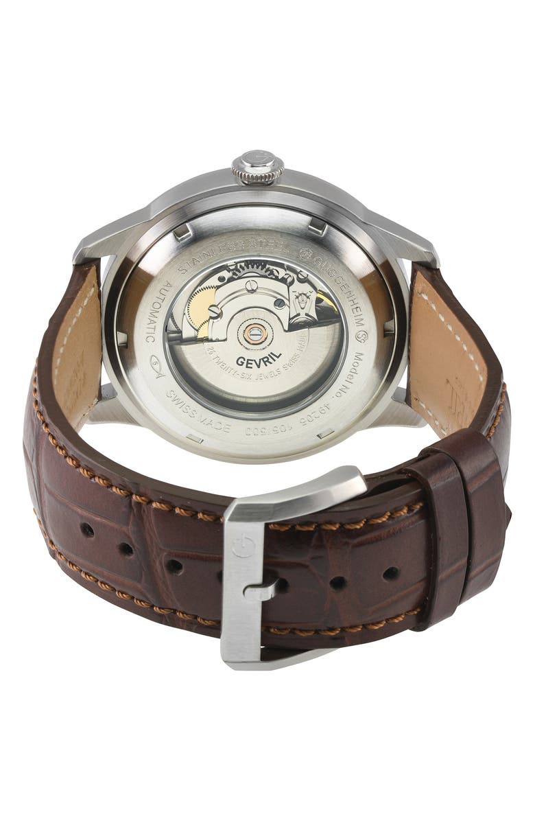 GEVRIL Guggenheim Swiss Automatic Croc Embossed Leather Strap Watch, 44mm, Alternate, color, Brown