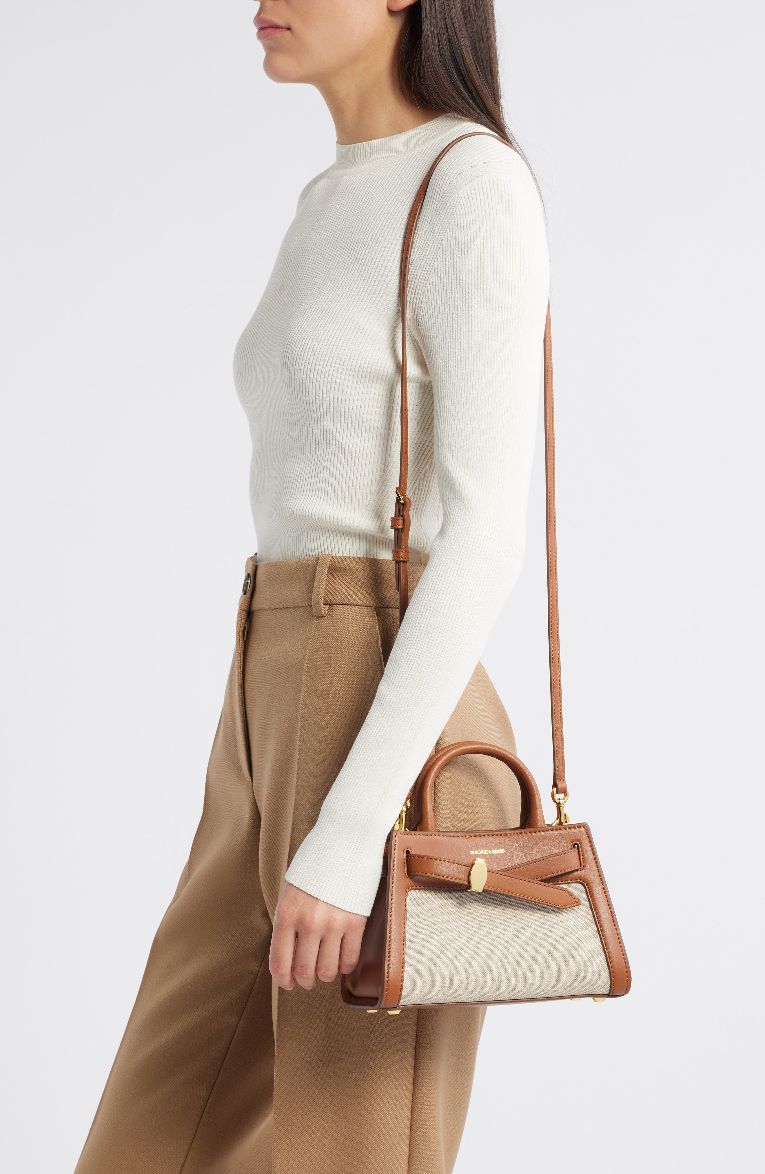 Veronica Beard Mini Dash Canvas & Leather Top Handle Bag, Alternate, color, Natural Linen Hazelwood