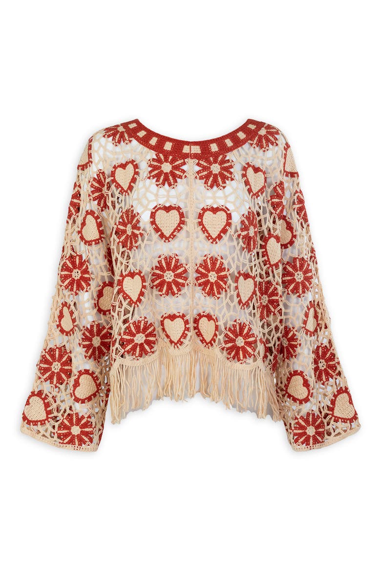 Heart Fringe Trim Crochet Poncho, Alternate, color, RED