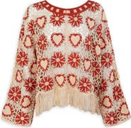 SAACHI Heart Fringe Trim Crochet Poncho