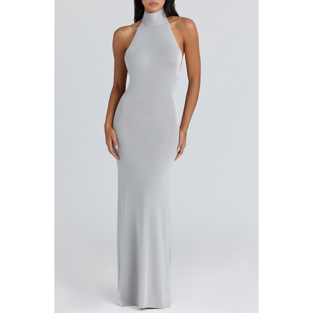 HOUSE OF CB Nova Halter Open Back Mermaid Gown in Silver Grey at Nordstrom, Size Medium