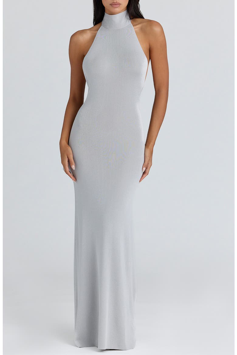 grey halter neck prom dress Floral Halter Evening Dress with Sparkle Beads Trendy Gray Mother of the bride Dress with watermelon and blue decorations