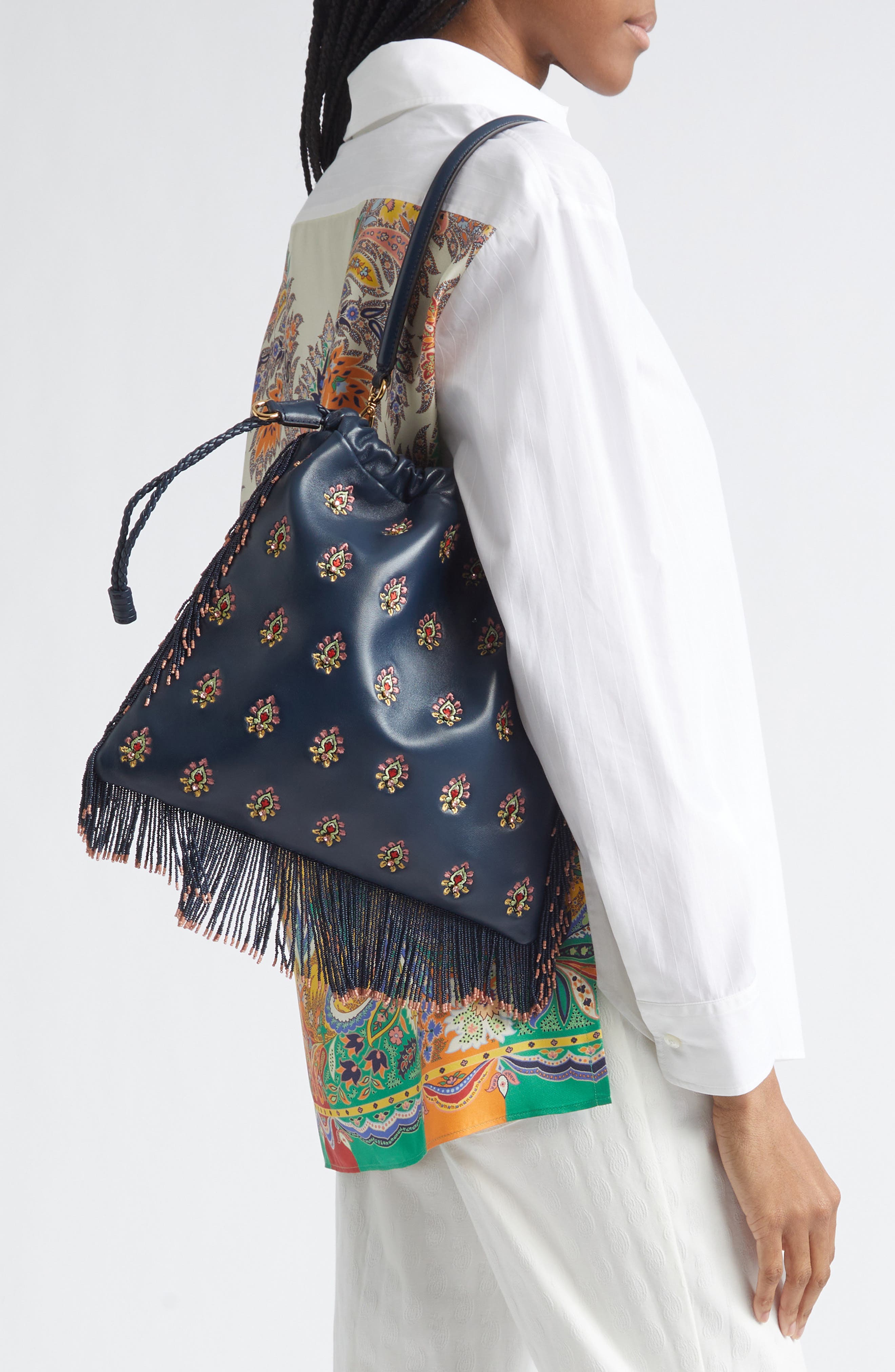 Etro Medium Kalispera Embroidered Leather Shoulder Bag, Alternate, color, Panna