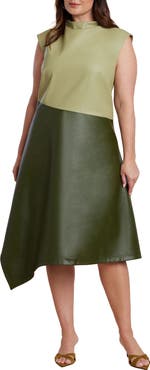 ELOQUII Colorblocked Draped Faux Leather Dress