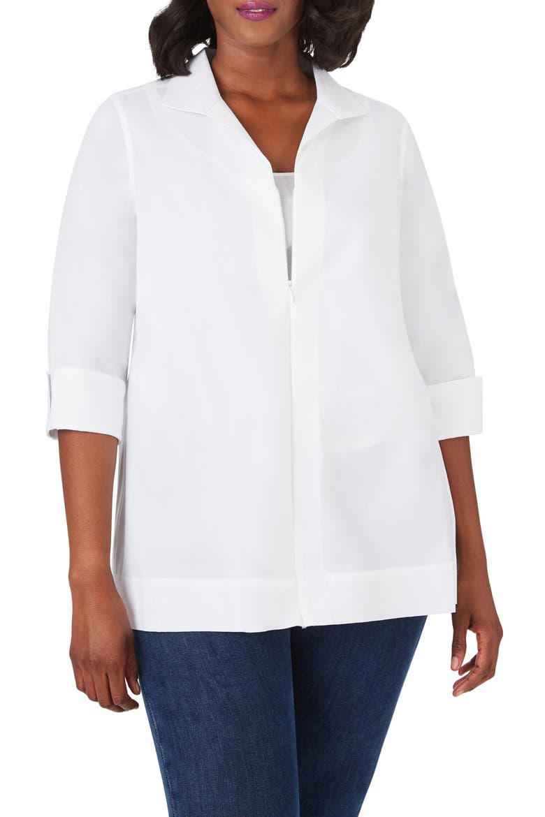 Lydia Zip Front Stretch Cotton Blend Blouse, Main, color, WHITE