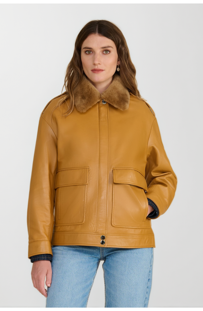FURNIQ UK LLC Alma Leather Jacket, Main, color, Caramel