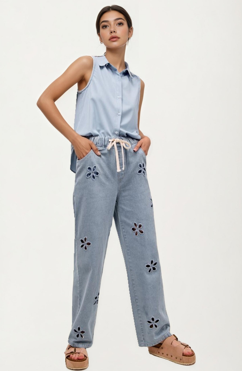 Knit and Lounge Relaxed Wide Leg Cutout Flower Denim Pants, Alternate, color, 