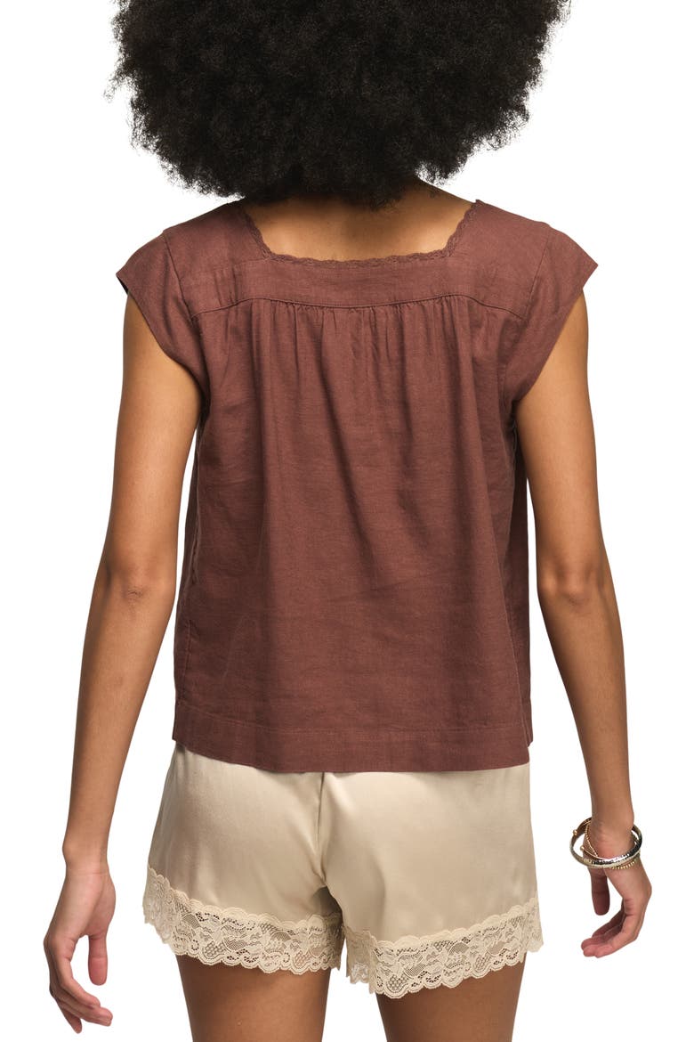 Lace Trim Tie Neck Linen Blend Top, Alternate, color, MARRON