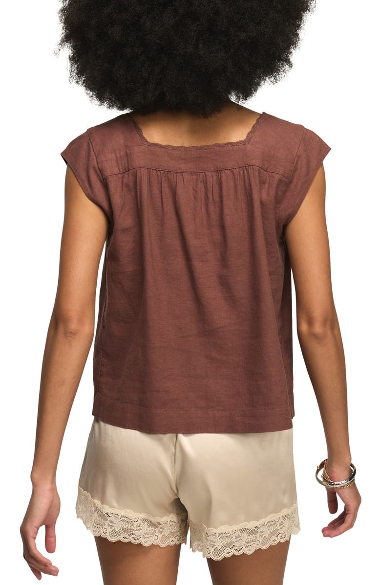 Lucky Brand Lace Trim Tie Neck Linen Blend Top, Alternate, color, Marron