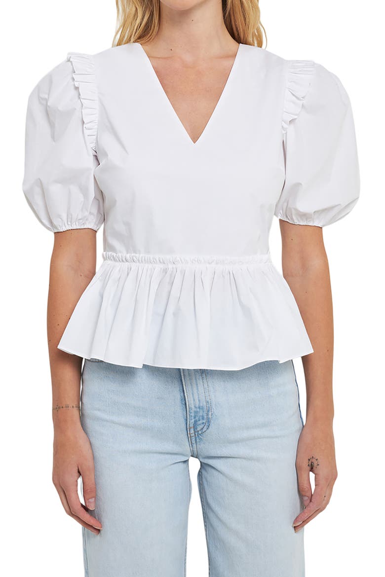 Puff Sleeve Peplum Cotton Top, Alternate, color, WHITE