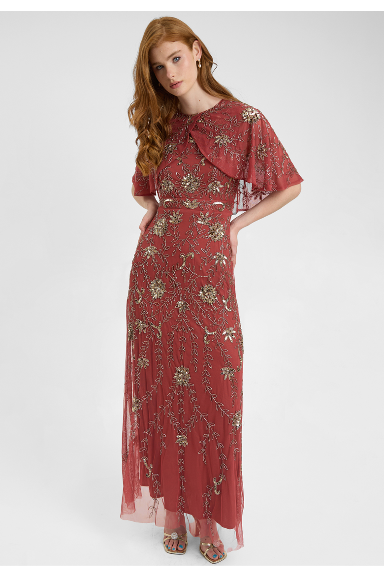 Embellished Sequin Beaded Maxi Dress With Round Neckline With Cape-Style Short Sleeves, Alternate, color, RUST