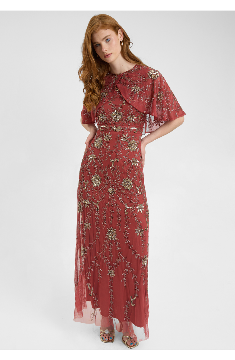 BEAUUT Embellished Sequin Beaded Maxi Dress With Round Neckline With Cape-Style Short Sleeves, Alternate, color, Rust