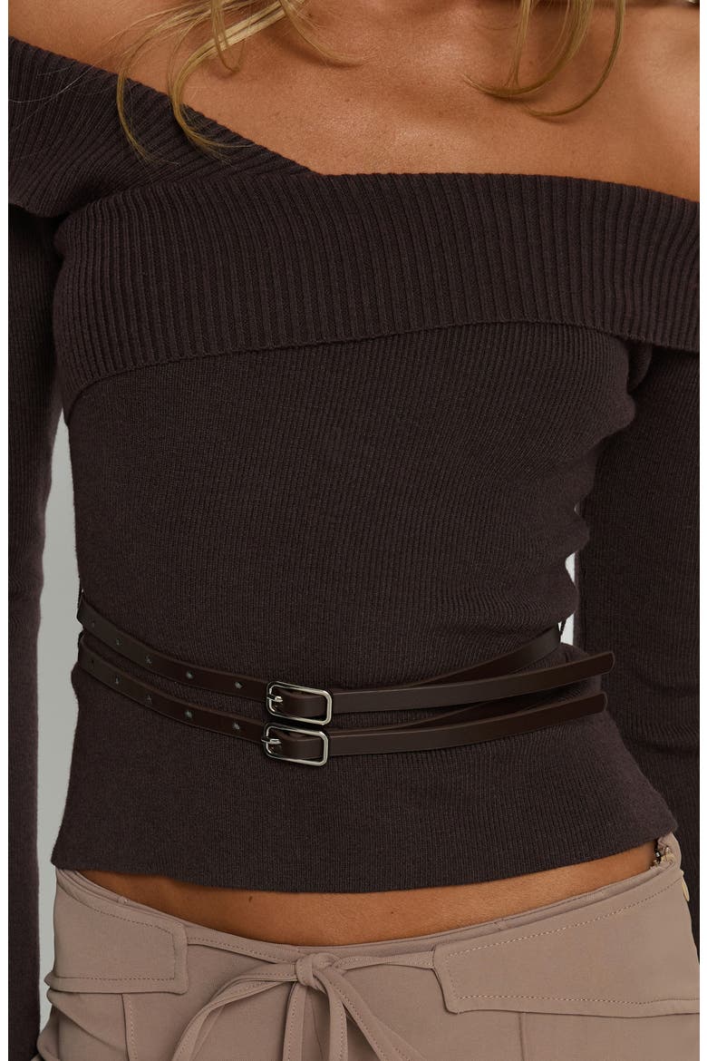 Ellenore Double Belt Off the Shoulder Top, Alternate, color, BROWN