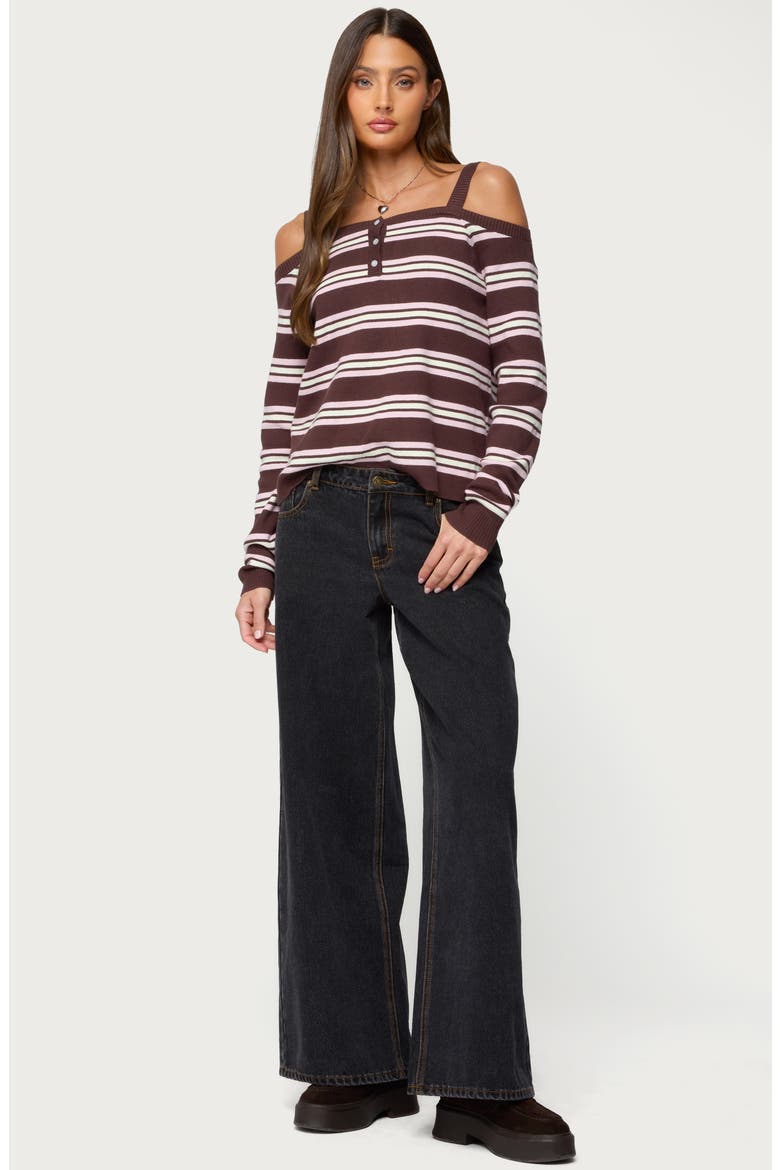 Shyla Stripe Off the Shoulder Sweater, Alternate, color, BROWN