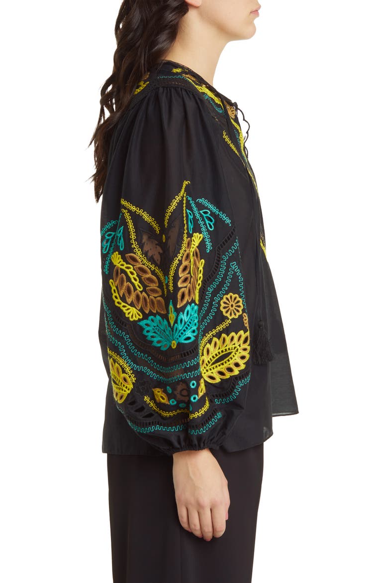 Embroidered Cotton & Silk Peasant Top, Alternate, color, BLACK