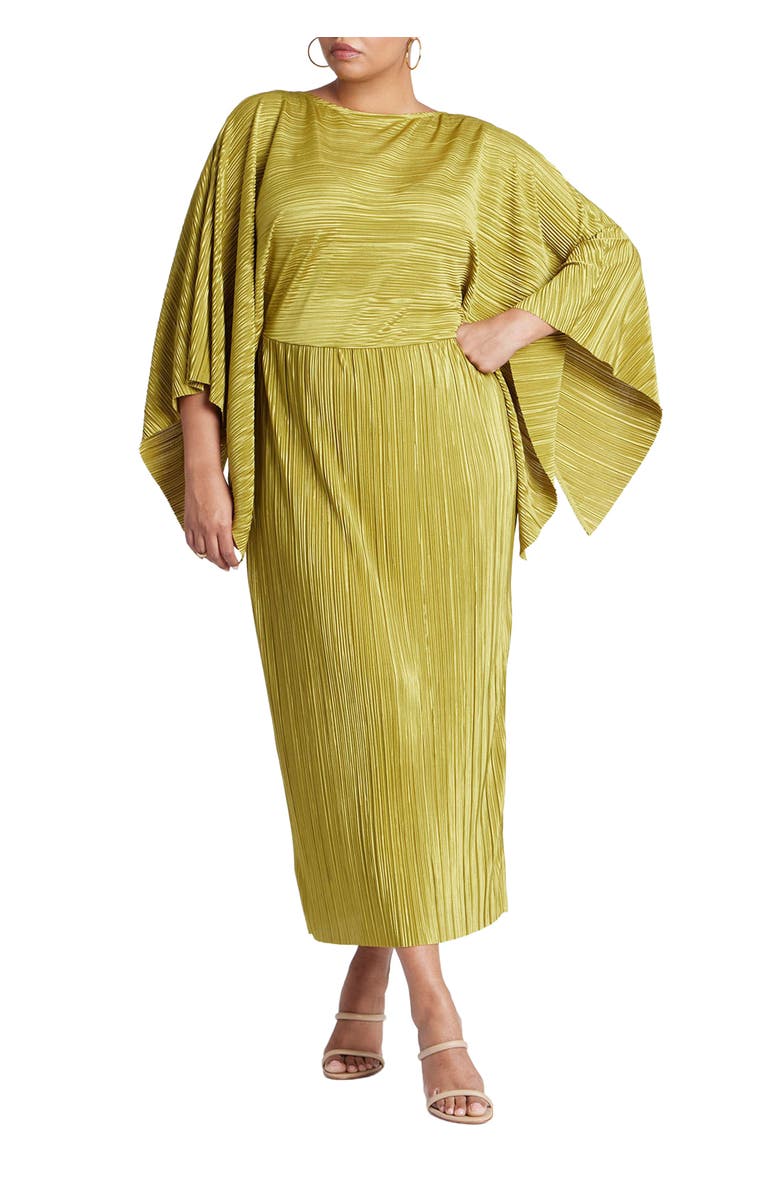 ELOQUII Cape Effect Plisse Dress, Main, color, Avocado Oil