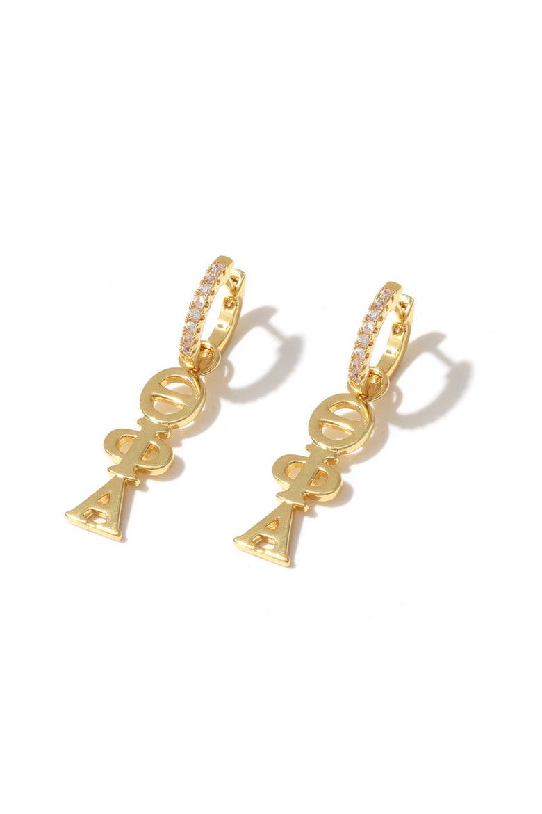 Theta Phi Alpha Greek Letter Huggie + Charm Earrings, Main, color, Yellow Gold
