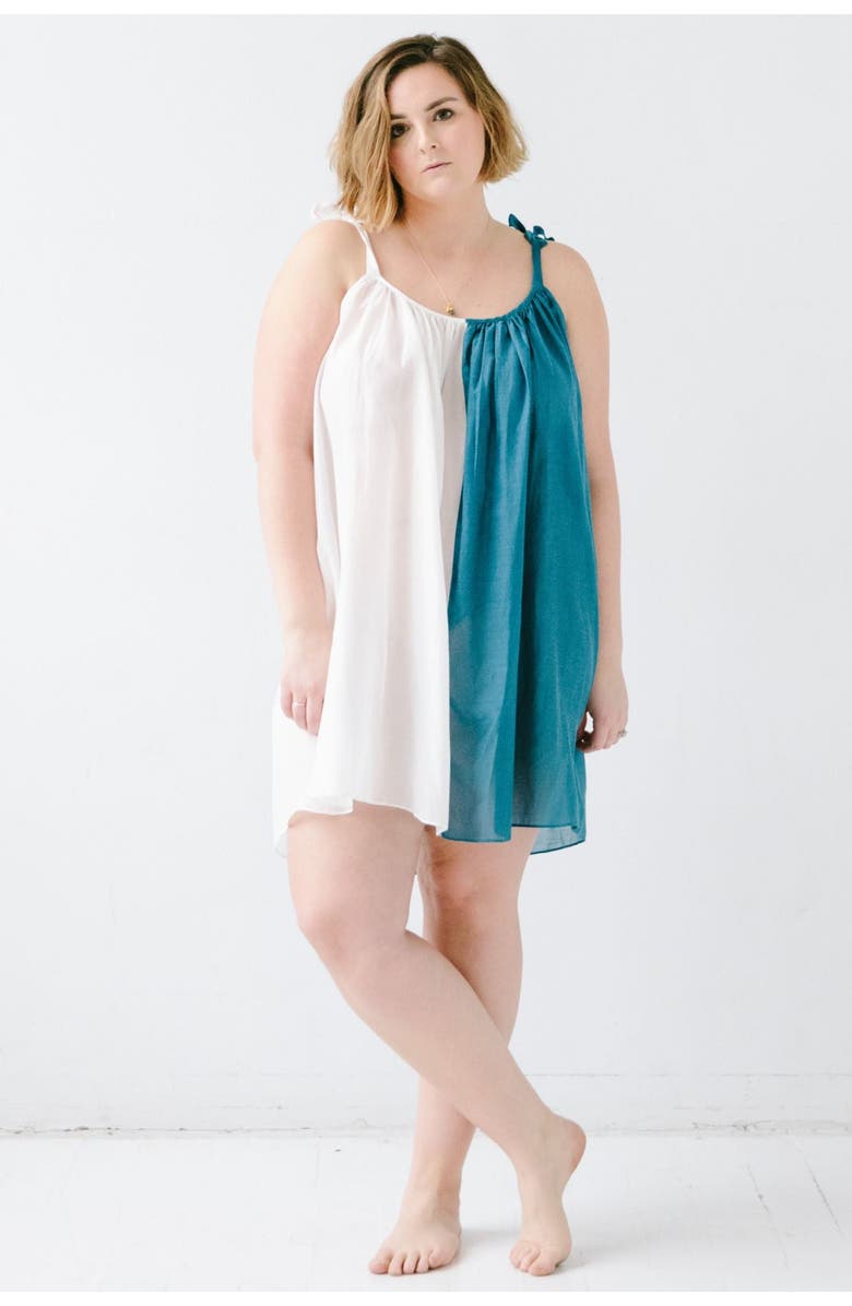 SALUA Sheer Tie Strap Babydoll in Silk Cotton Blend, Main, color, White/Teal