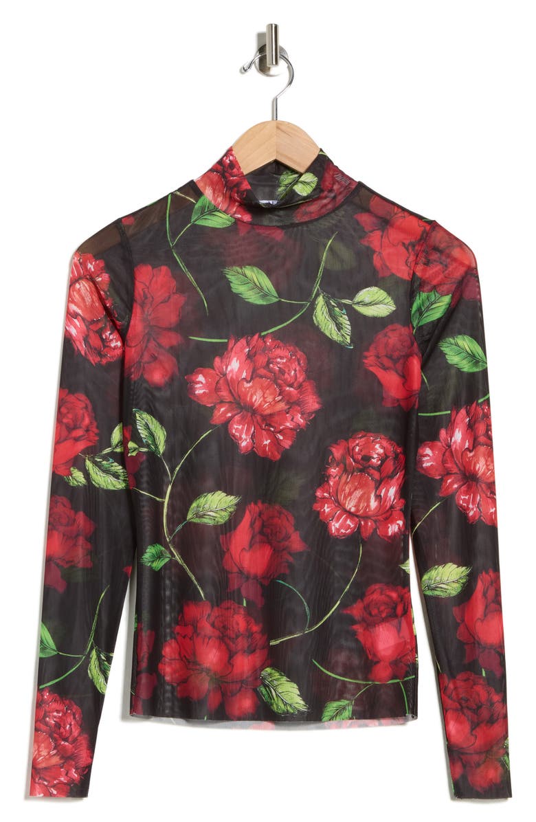 AFRM LOS ANGELES Zoe Mock Neck Mesh Top, Alternate, color, Noir Red Roses