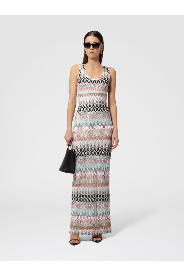 Long Dress In Viscose And Cotton Lamé Lace Motif, Alternate, color, Multicoloured