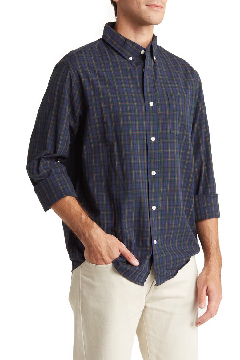 Plaid Poplin Button-Down Shirt, Main, color, NAVY TARTAN