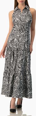 IVONNE Abstract Graphic Print Halter-Neck Fitted Maxi Dress
