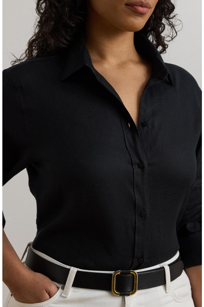 Relaxed Fit Linen Roll Tab Sleeve Shirt, Alternate, color, BLACK