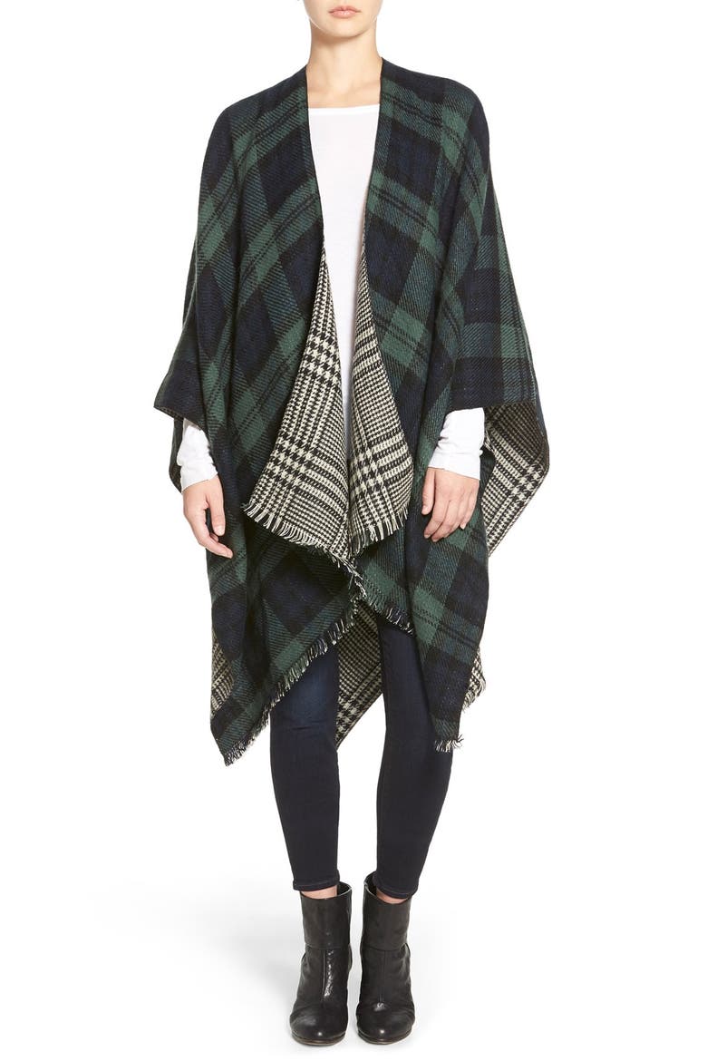 'Double Plaid' Reversible Cape, Main, color, GREEN