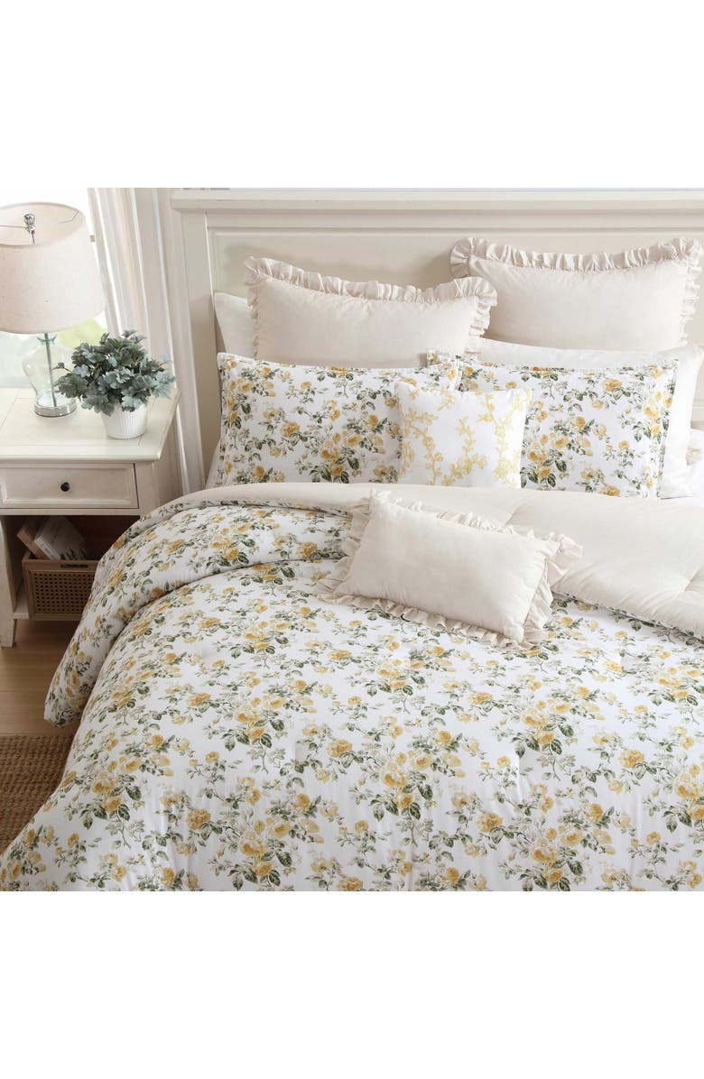 Laura Ashley Roses 7-Piece Cotton Comforter Set, Alternate, color, Gold/ Green