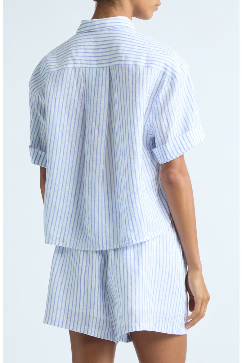 Mel Short Sleeve Button-Up Linen Shirt, Alternate, color, WHITE/ CLASSIC BLUE