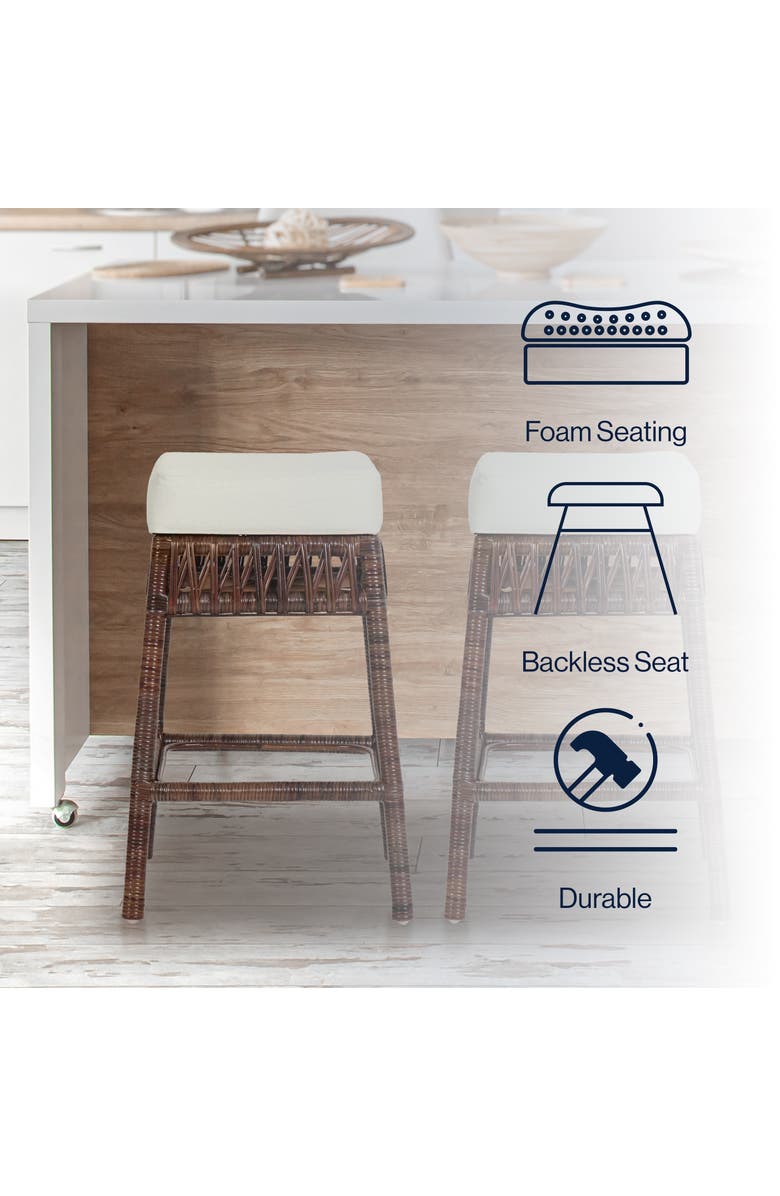 JONATHAN Y Bali Rattan Backless Counter Stool, White Cushion with Woven Frame, Alternate, color, Dark Brown 25.5" Counter Stool